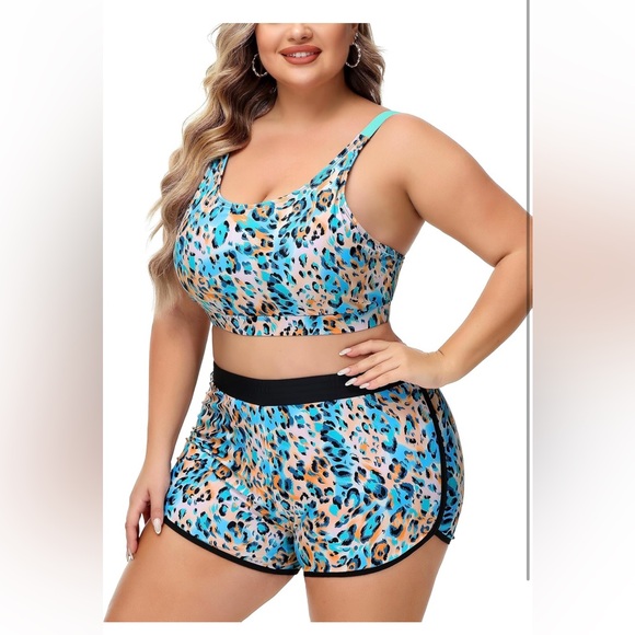 Women Plus 3 pc Tankini Swimsuits Bathing Suits Boy Shorts Tank Top Sports Bra - Picture 4 of 6